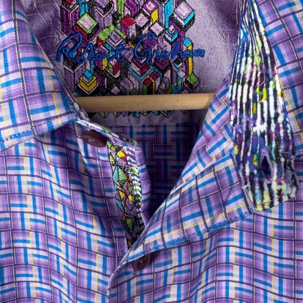 Robert Graham Geometric Print Short Sleeve Shirt Mens L PurpleButton Down - Picture 5 of 8